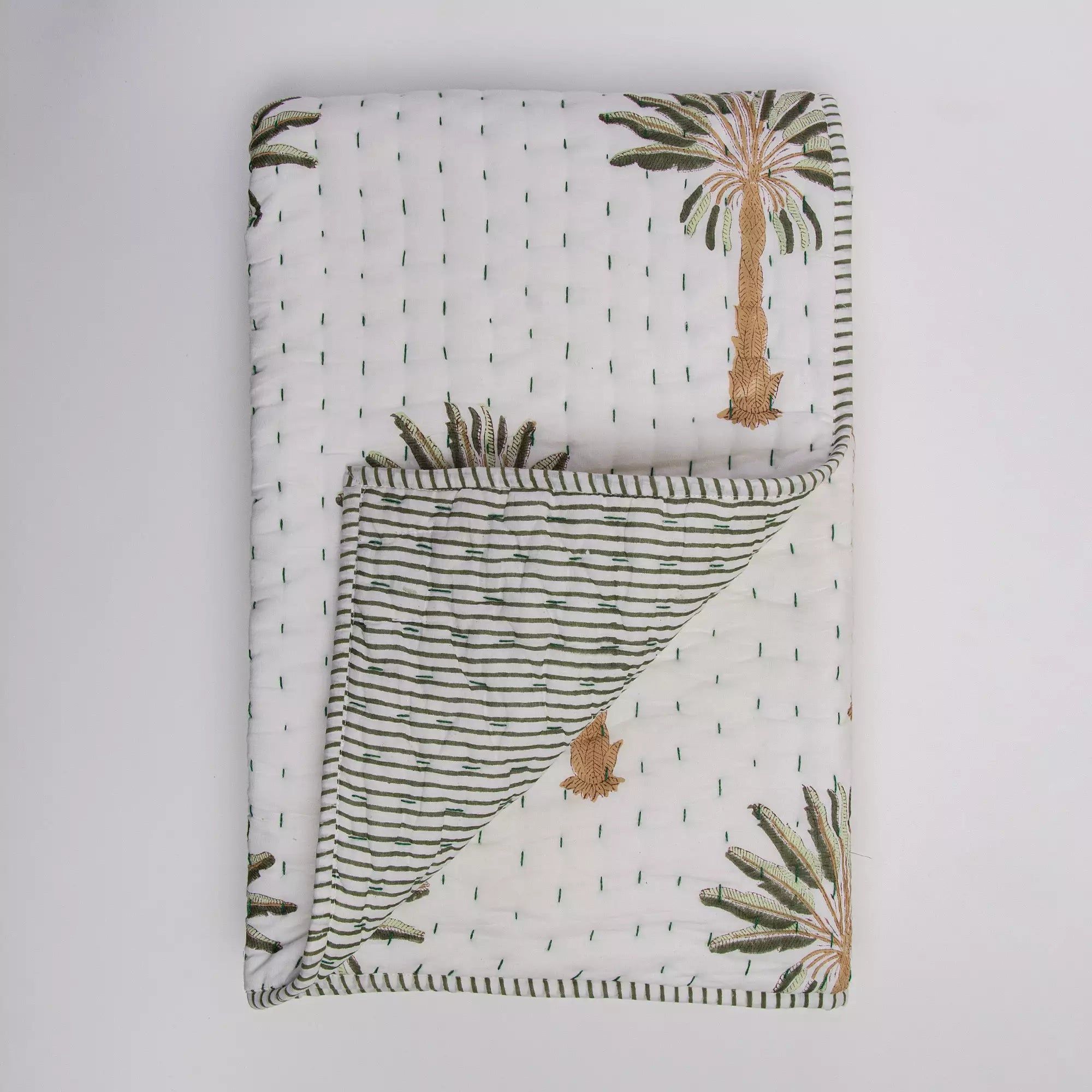 Reversible Green Palm Tree Kantha Cotton Soft Baby Quilts 105